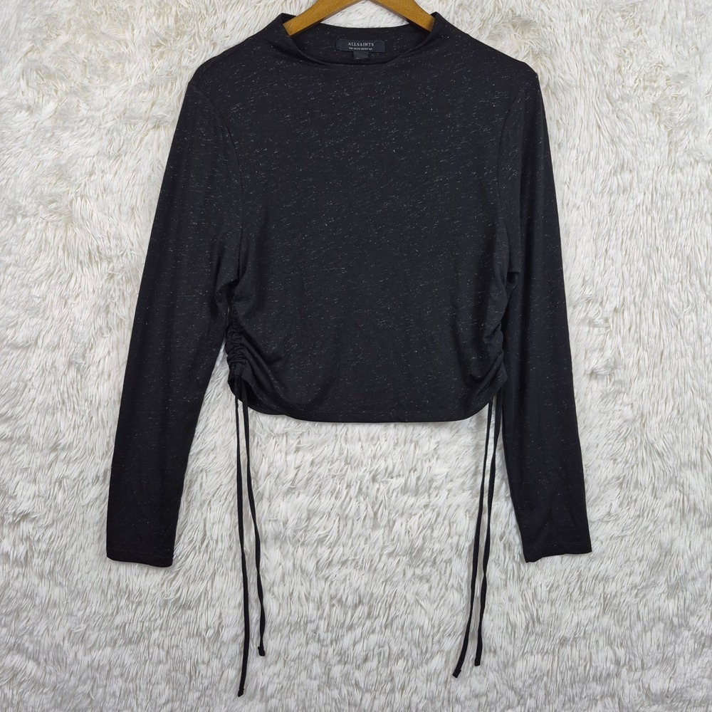 AllSaints Beta Shimmer Top Black Long Sleeve Ruched Side Crop Mock Neck US 10